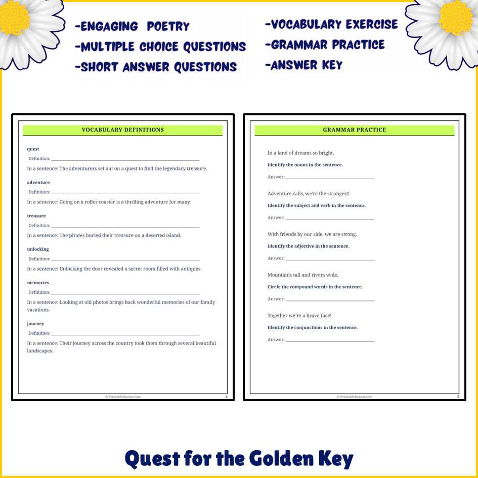 Quest for the Golden Key | Poem Grammar Worksheet Printable Activity