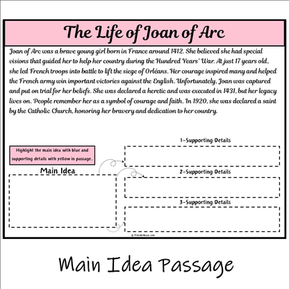 The Life of Joan of Arc | Main Idea and Supporting Details Reading Passage and Questions