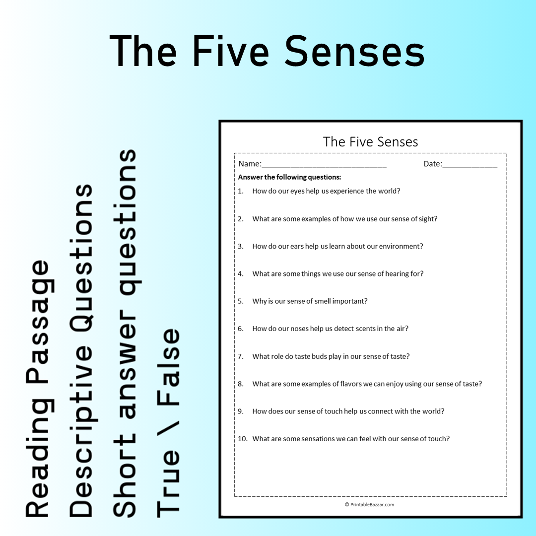 The Five Senses | Reading Comprehension Passage Printable Worksheet