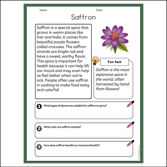 Saffron | Reading Passage Comprehension Questions Writing Facts Worksheet