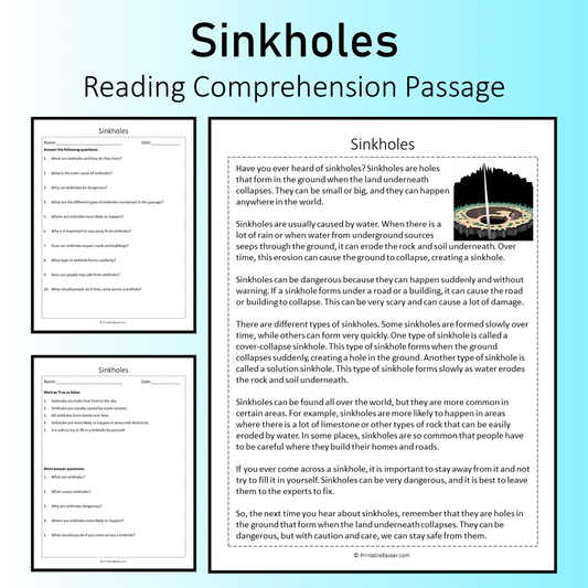Sinkholes | Reading Comprehension Passage Printable Worksheet
