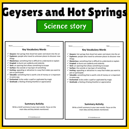 Geysers and Hot Springs | Science Story Reading Comprehension Activity