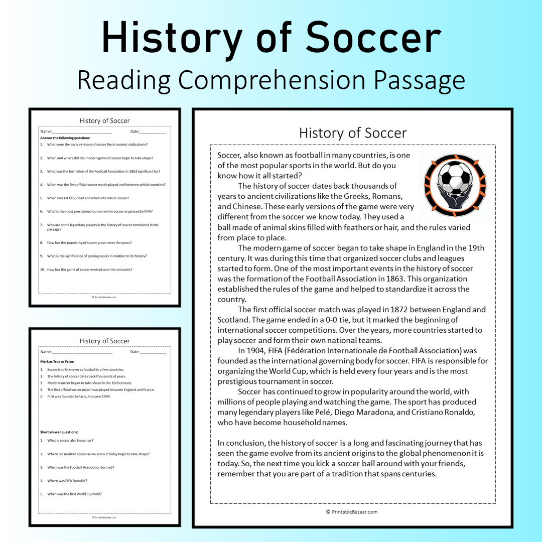 History of Soccer | Reading Comprehension Passage Printable Worksheet