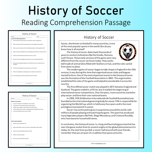 History of Soccer | Reading Comprehension Passage Printable Worksheet