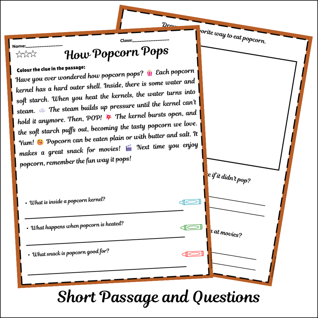 How Popcorn Pops | Short Reading Comprehension Creative Worksheet