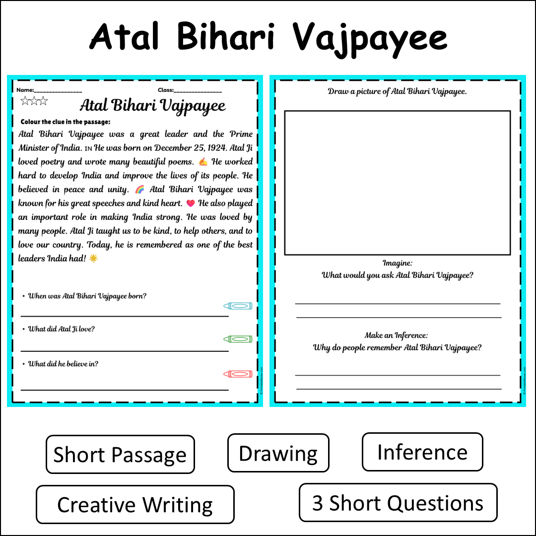 Atal Bihari Vajpayee | Short Reading Comprehension Creative Worksheet