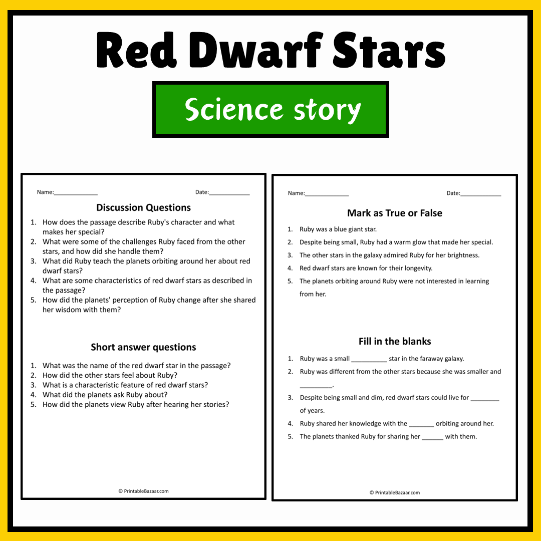 Red Dwarf Stars | Science Story Reading Comprehension Activity