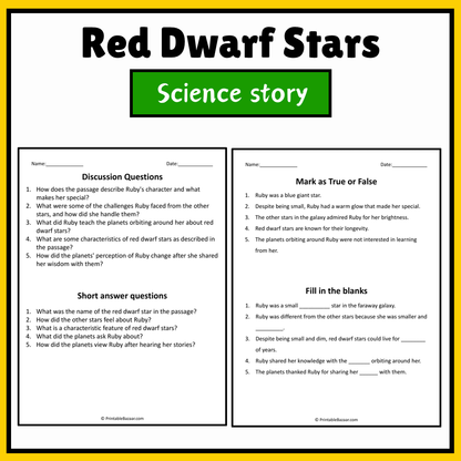 Red Dwarf Stars | Science Story Reading Comprehension Activity