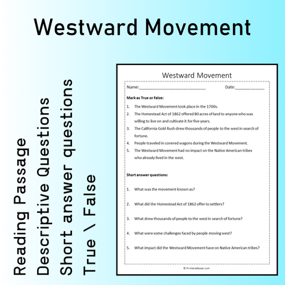 Westward Movement | Reading Comprehension Passage Printable Worksheet