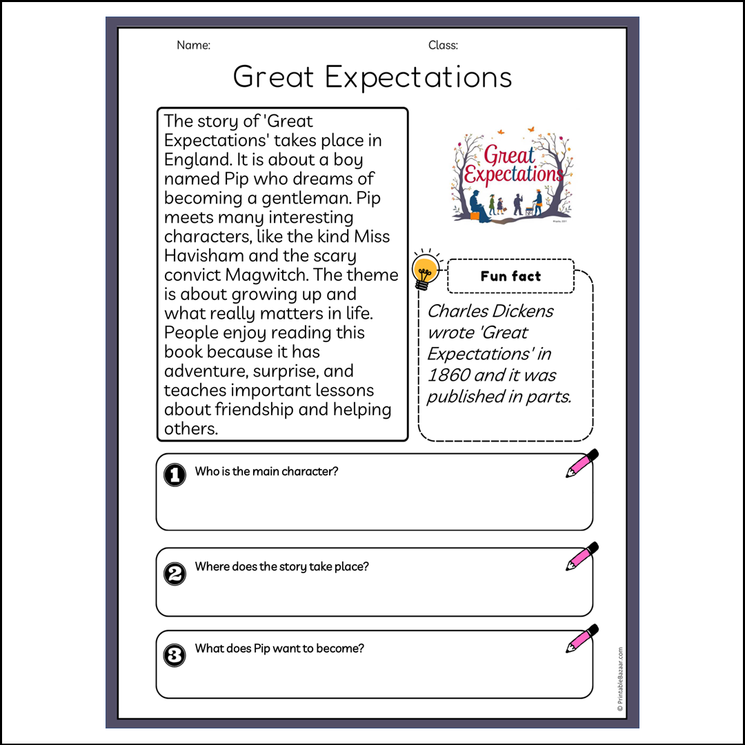 Great Expectations | Reading Passage Comprehension Questions Writing Facts Worksheet