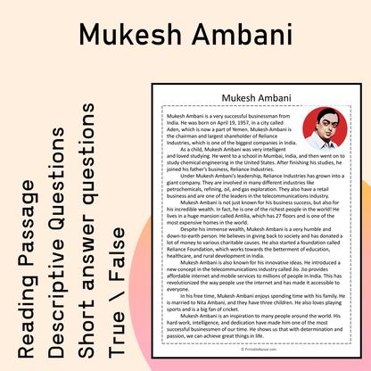 Mukesh Ambani | Reading Comprehension Passage Printable Activity