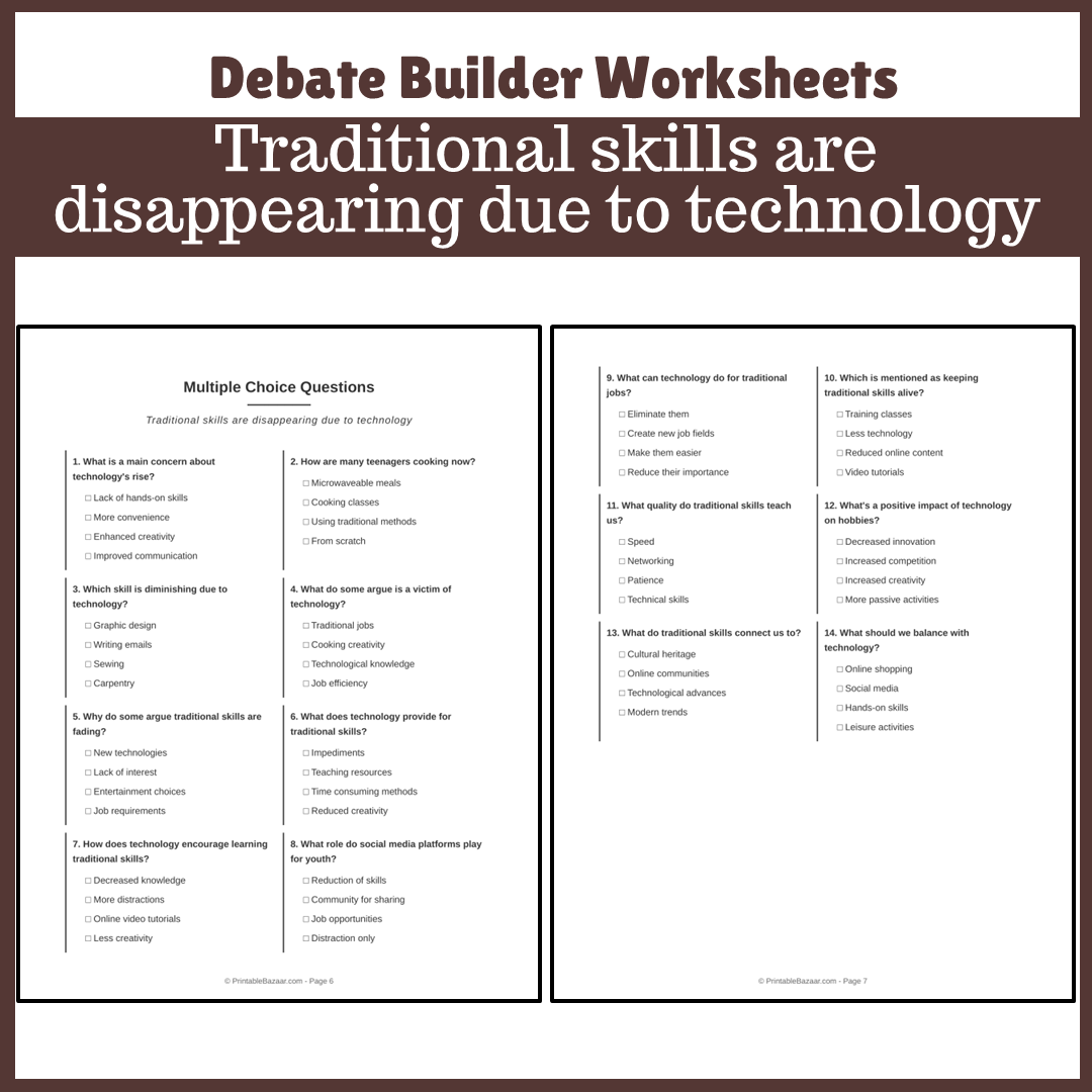 Traditional skills are disappearing due to technology | Favour and Against Worksheet Printable Activity