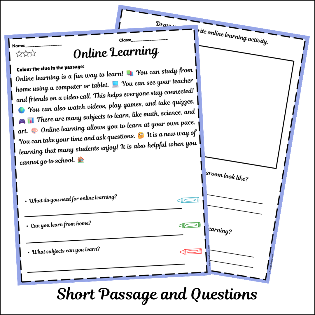 Online Learning | Short Reading Comprehension Creative Worksheet