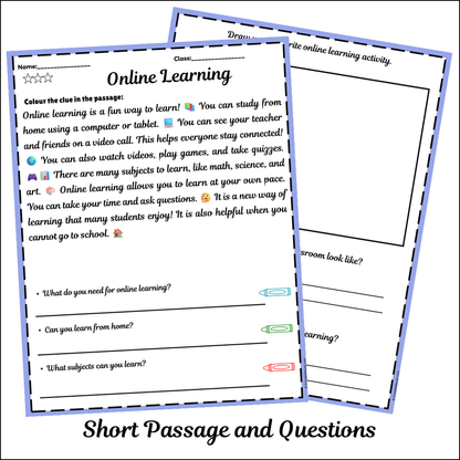 Online Learning | Short Reading Comprehension Creative Worksheet