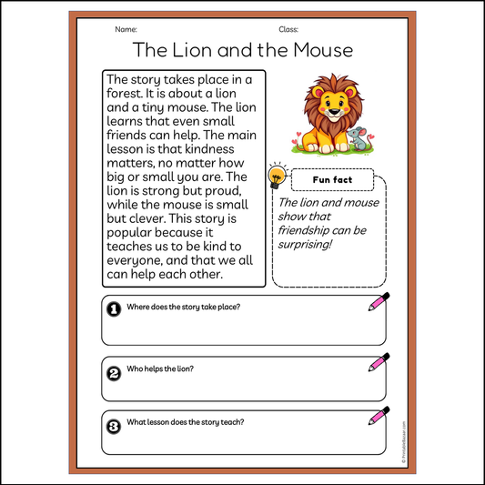 The Lion and the Mouse | Reading Passage Comprehension Questions Writing Facts Worksheet