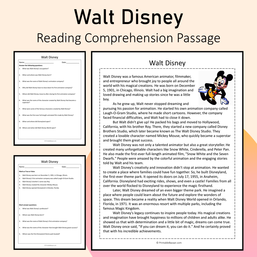 Walt Disney | Reading Comprehension Passage Printable Activity