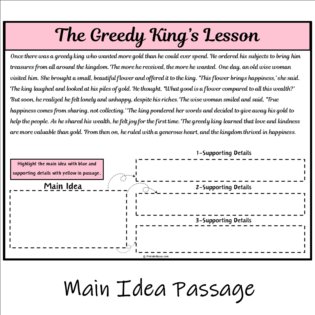 The Greedy King’s Lesson | Main Idea and Supporting Details Reading Passage and Questions