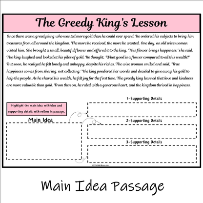 The Greedy King’s Lesson | Main Idea and Supporting Details Reading Passage and Questions