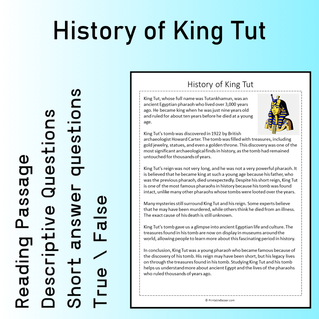 History of King Tut | Reading Comprehension Passage Printable Worksheet