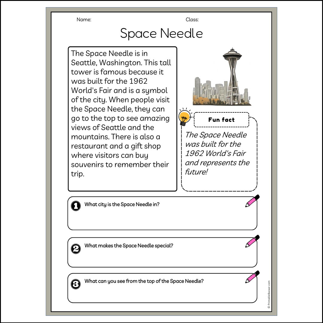 Space Needle | Reading Passage Comprehension Questions Writing Facts Worksheet
