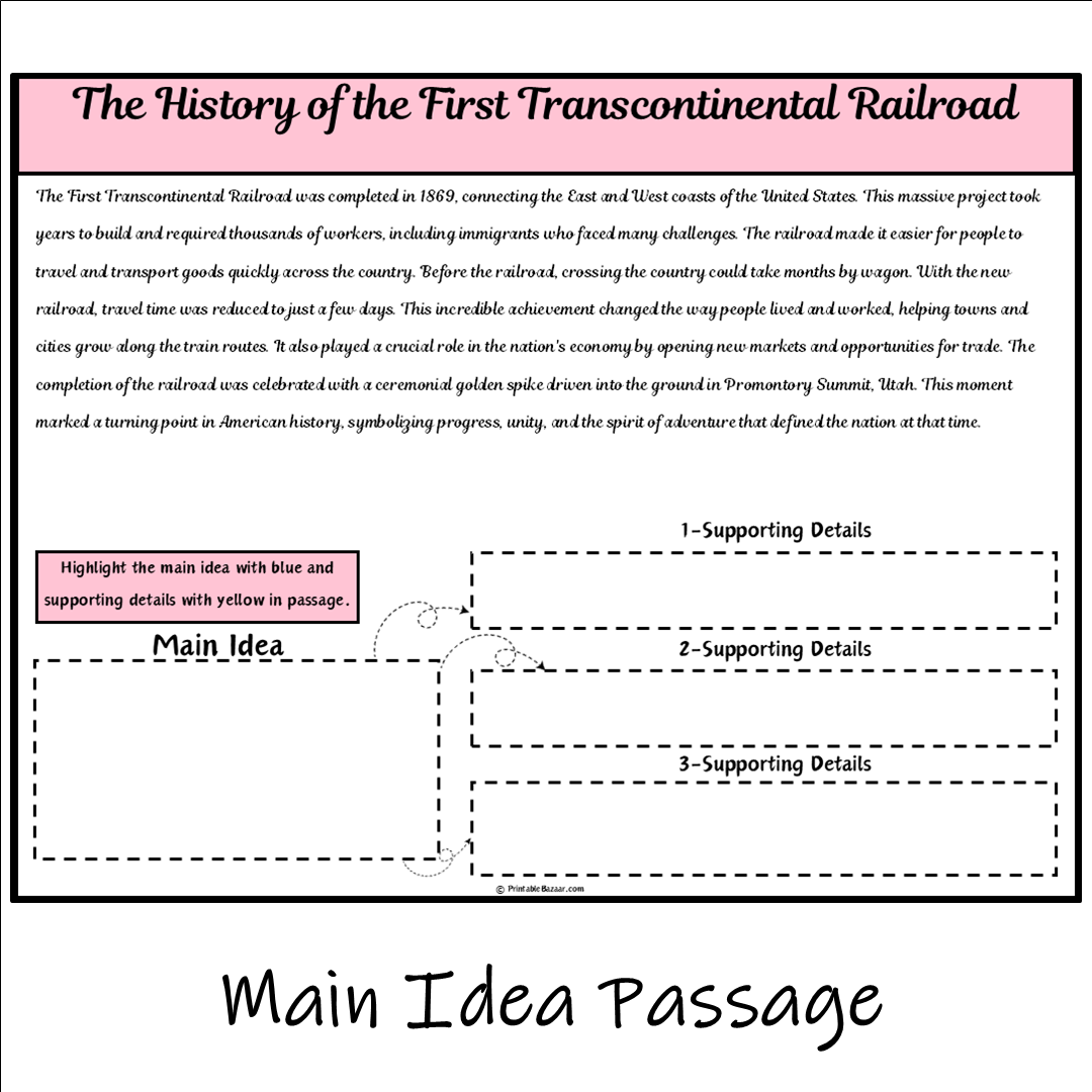 The History of the First Transcontinental Railroad | Main Idea and Supporting Details Reading Passage and Questions