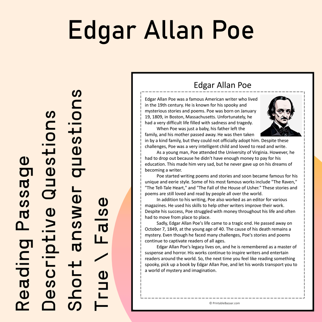 Edgar Allan Poe | Reading Comprehension Passage Printable Activity
