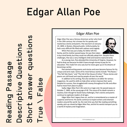 Edgar Allan Poe | Reading Comprehension Passage Printable Activity
