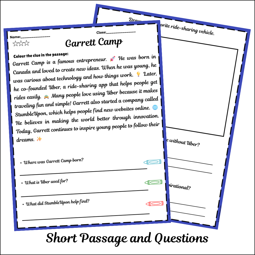 Garrett Camp | Short Reading Comprehension Creative Worksheet