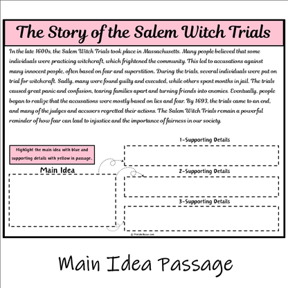 The Story of the Salem Witch Trials | Main Idea and Supporting Details Reading Passage and Questions