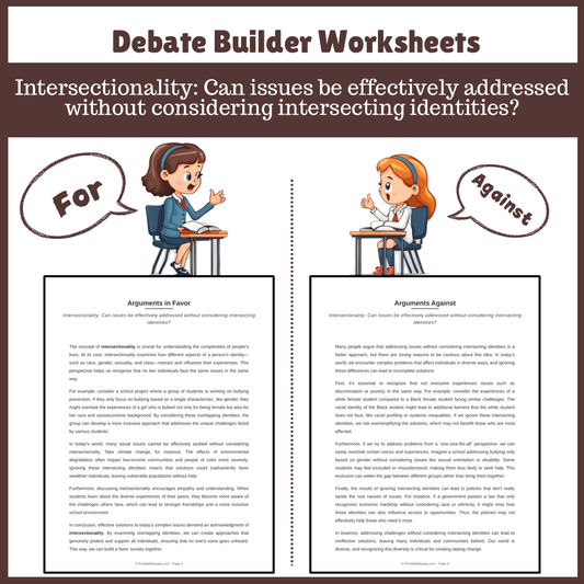 Intersectionality: Can issues be effectively addressed without considering intersecting identities? | Favour and Against Worksheet Printable Activity