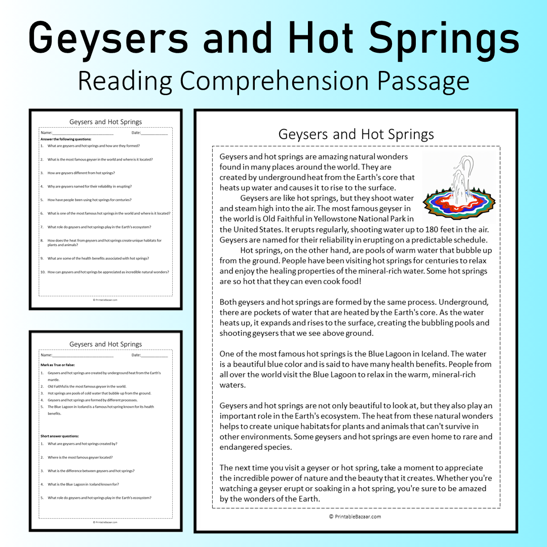 Geysers and Hot Springs | Reading Comprehension Passage Printable Worksheet