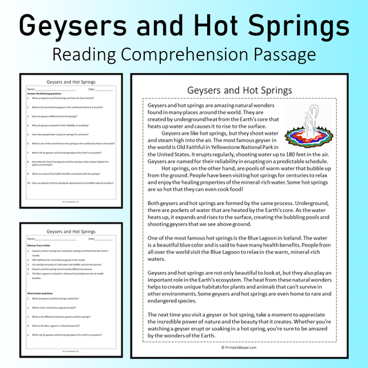 Geysers and Hot Springs | Reading Comprehension Passage Printable Worksheet