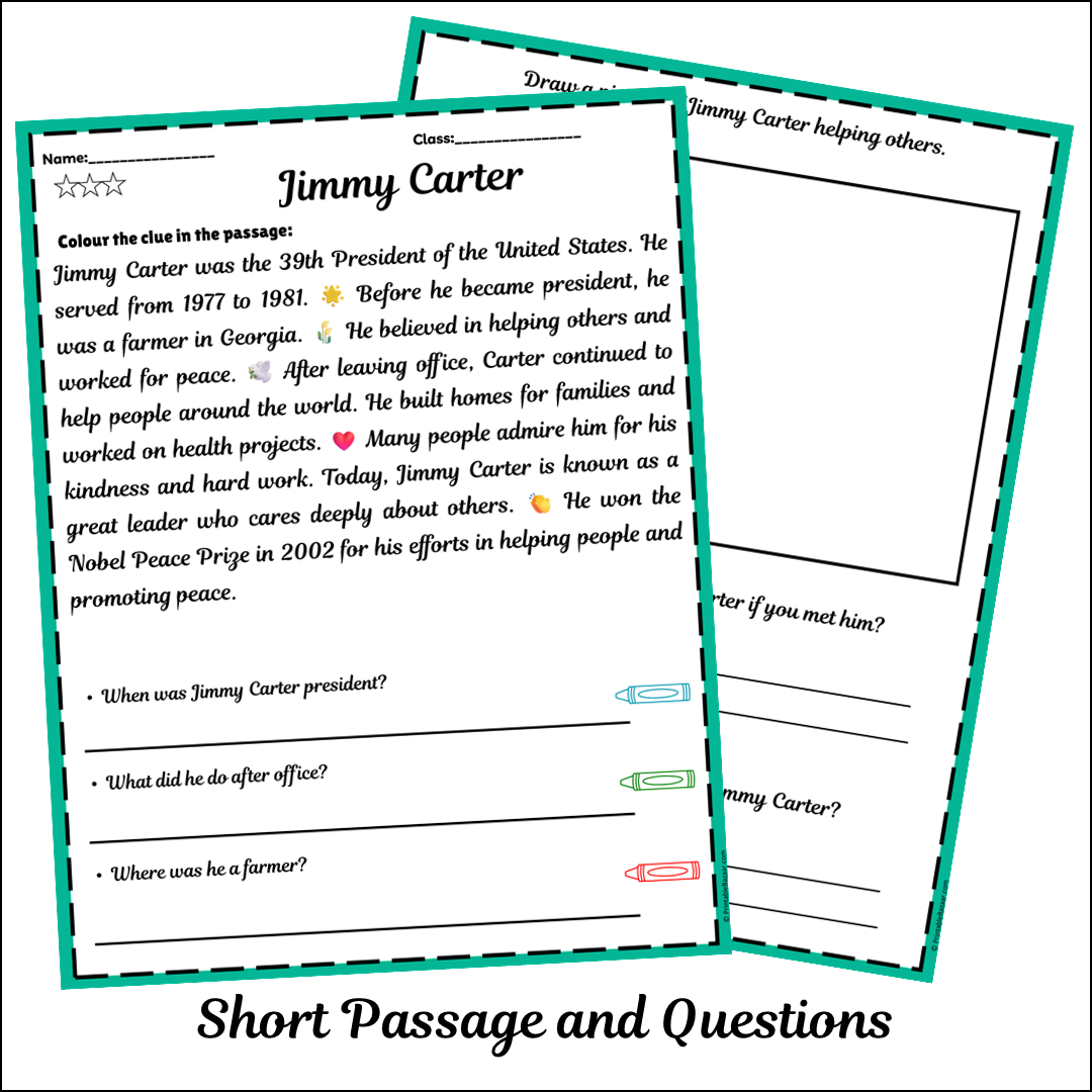 Jimmy Carter | Short Reading Comprehension Creative Worksheet