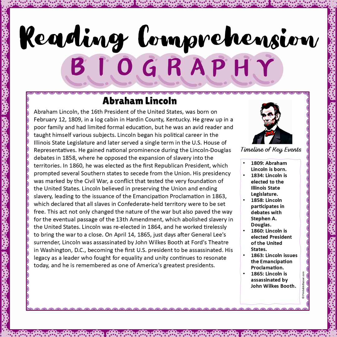 Abraham Lincoln | Biography Reading Comprehension and Questions Worksheet