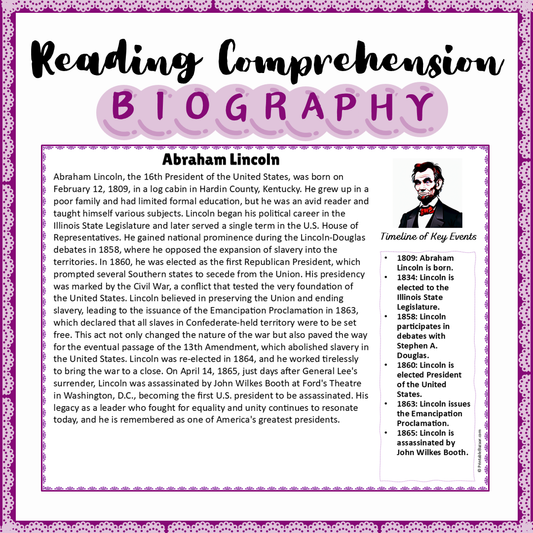 Abraham Lincoln | Biography Reading Comprehension and Questions Worksheet