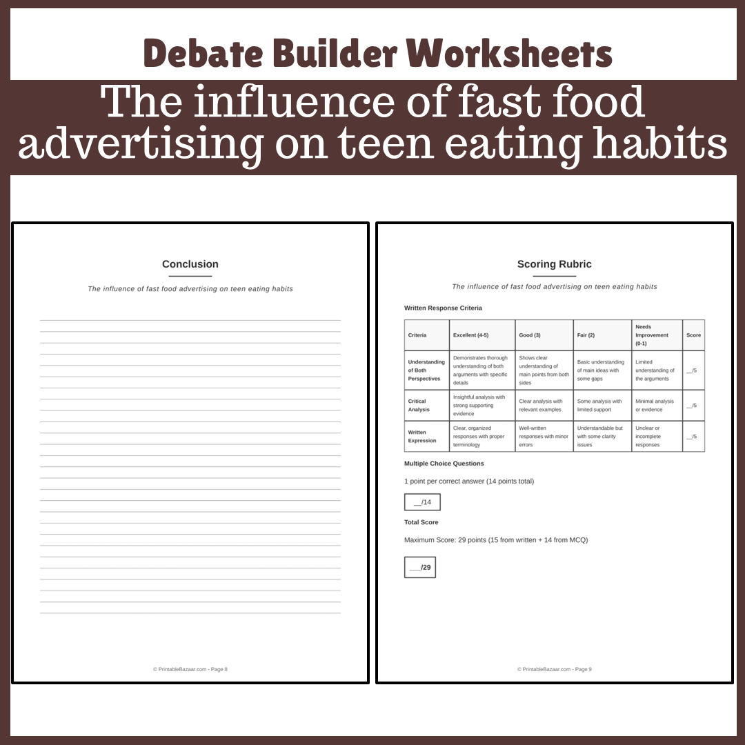 The influence of fast food advertising on teen eating habits | Favour and Against Worksheet Printable Activity