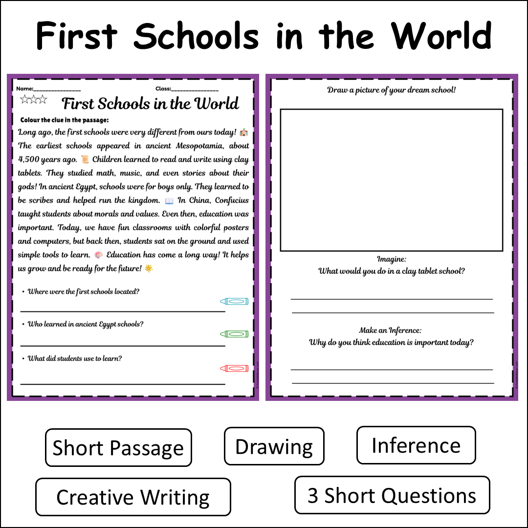 First Schools in the World | Short Reading Comprehension Creative Worksheet