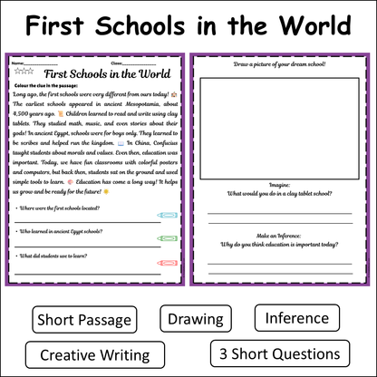 First Schools in the World | Short Reading Comprehension Creative Worksheet