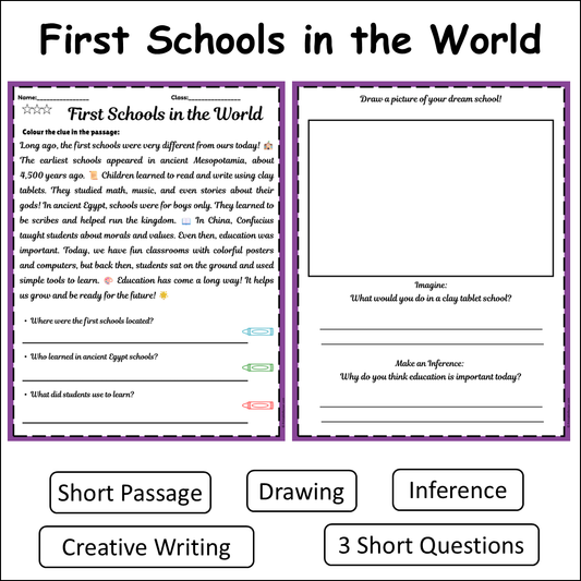 First Schools in the World | Short Reading Comprehension Creative Worksheet