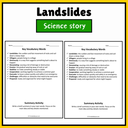 Landslides | Science Story Reading Comprehension Activity