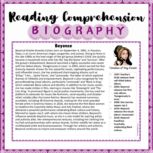 Beyonce | Biography Reading Comprehension and Questions Worksheet