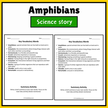 Amphibians | Science Story Reading Comprehension Activity