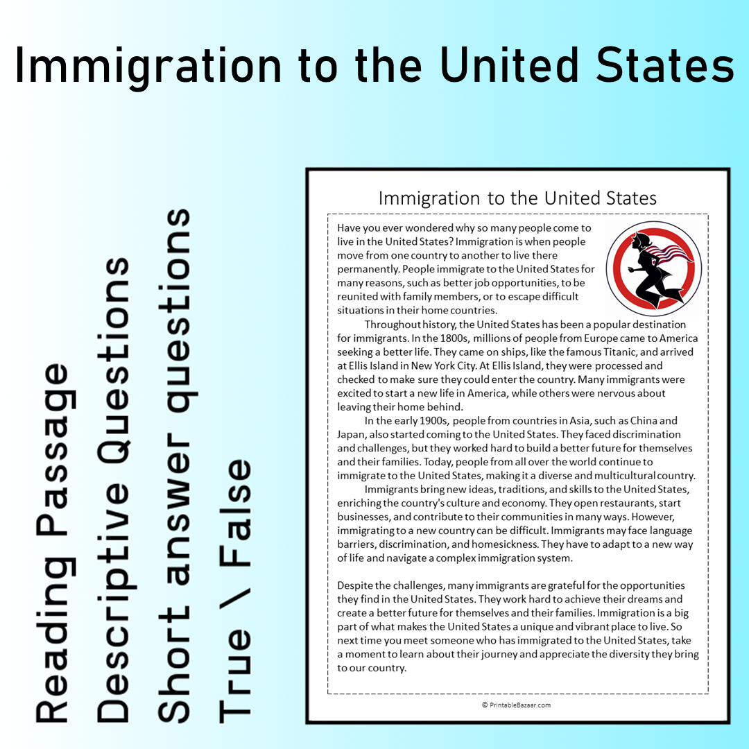 Immigration to the United States | Reading Comprehension Passage Printable Worksheet