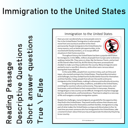 Immigration to the United States | Reading Comprehension Passage Printable Worksheet