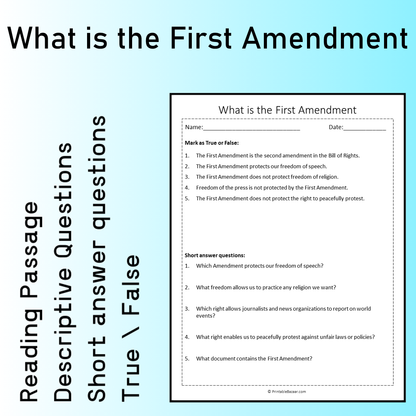 What is the First Amendment | Reading Comprehension Passage Printable Worksheet