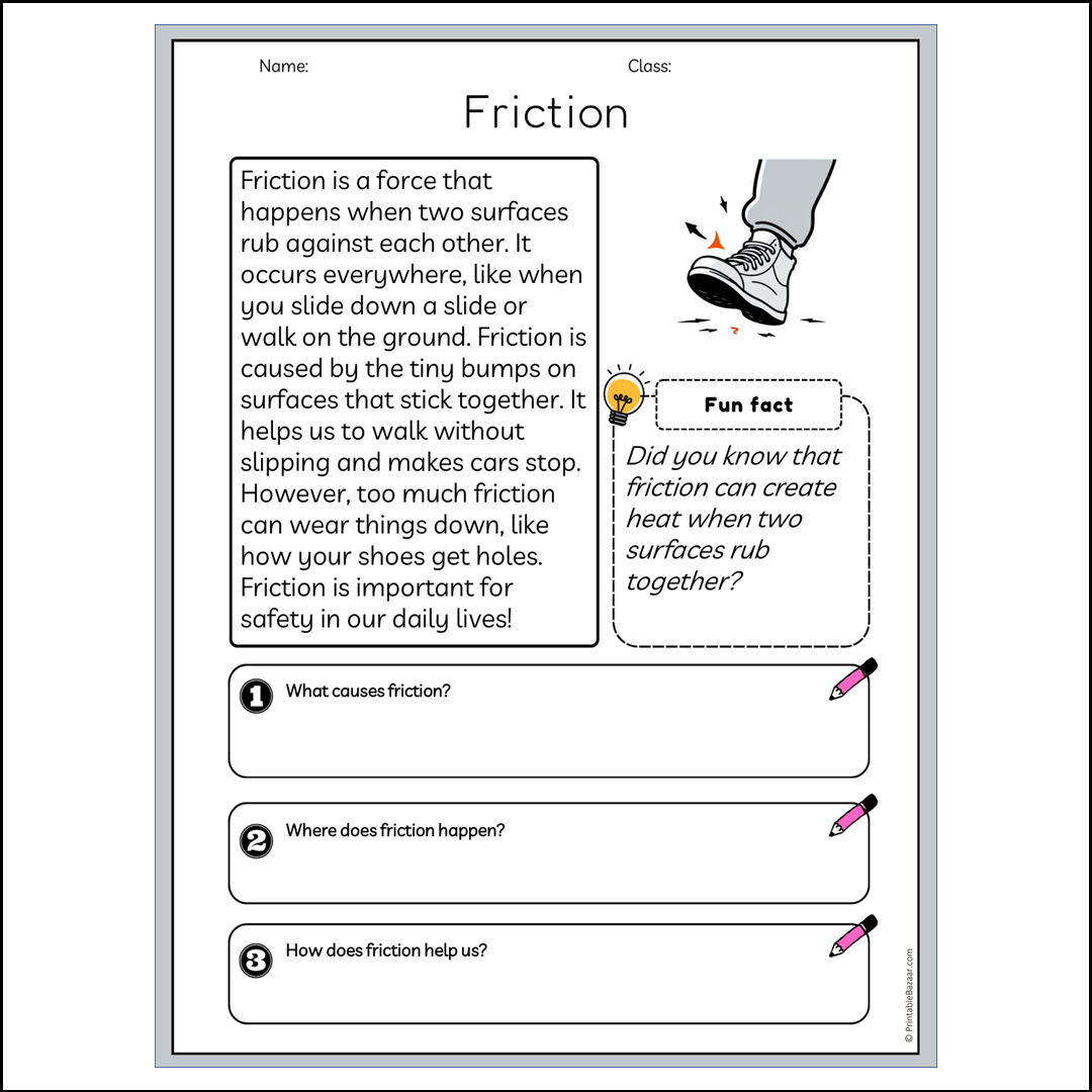 Friction | Reading Passage Comprehension Questions Writing Facts Worksheet