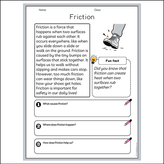 Friction | Reading Passage Comprehension Questions Writing Facts Worksheet