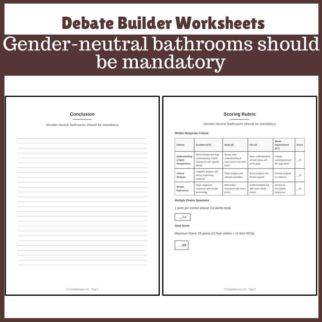 Gender-neutral bathrooms should be mandatory | Favour and Against Worksheet Printable Activity