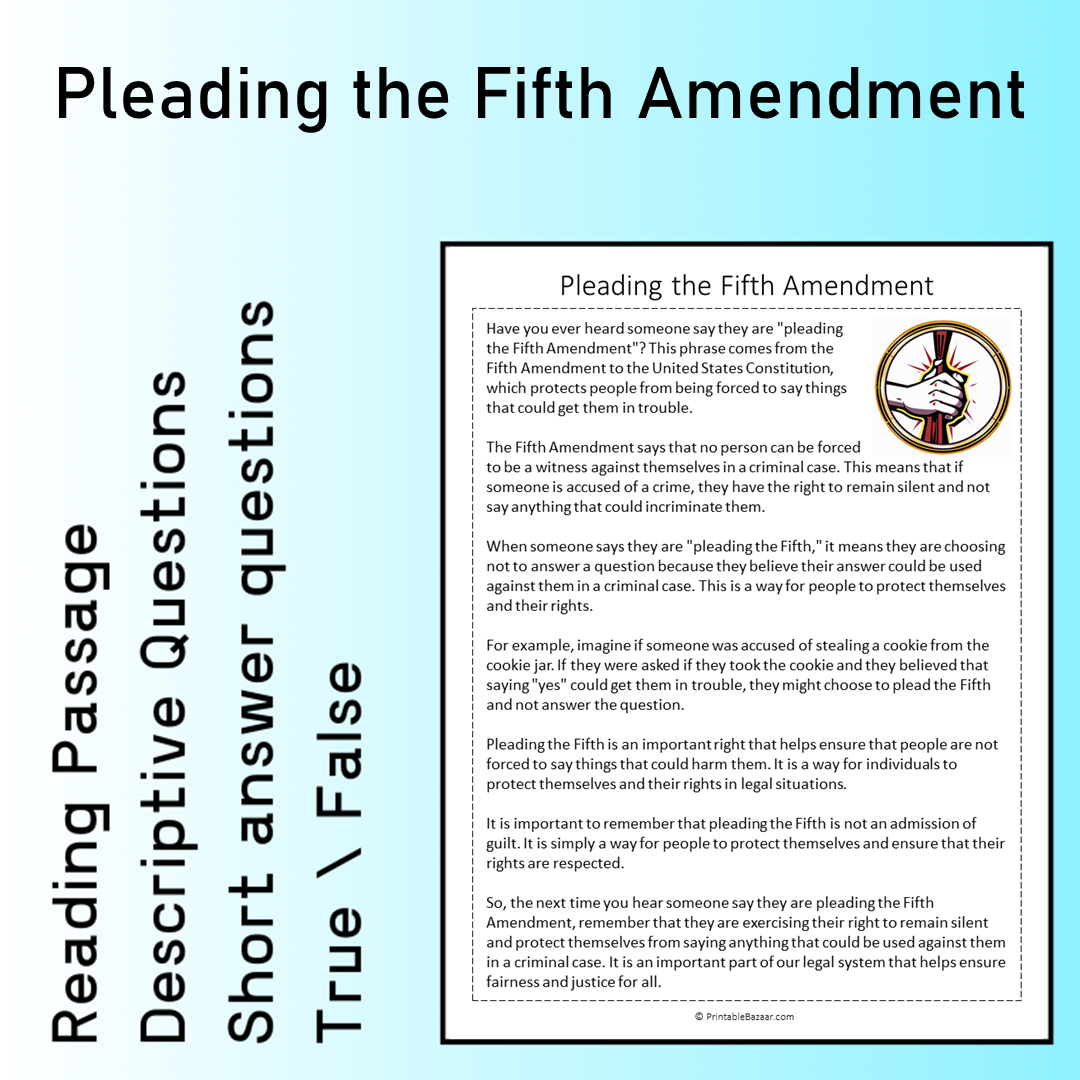 Pleading the Fifth Amendment | Reading Comprehension Passage Printable Worksheet