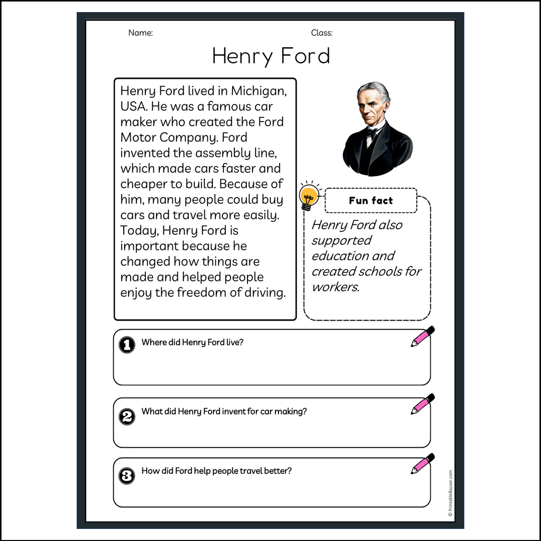 Henry Ford | Reading Passage Comprehension Questions Writing Facts Worksheet